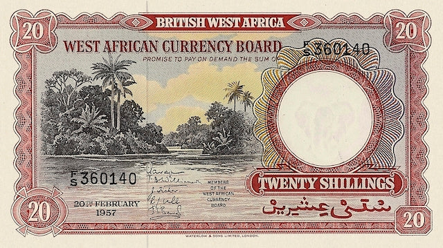 “British West Africa 20 Shillings QEII replica banknote, 1953”
