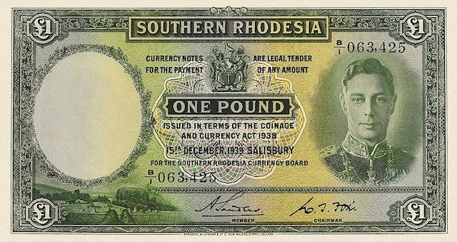 Southern Rhodesia 1 Pound 1939 replica note front