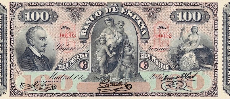 Spain, Banco de España, Lope de Vega Issues 100, 100 & 1000 Pesetas, 1876, P.11 - P.13, Complete Set REPLICA My Store