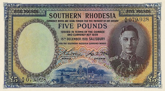 Southern Rhodesia 1939 5 Pounds replica banknote front King George VI
