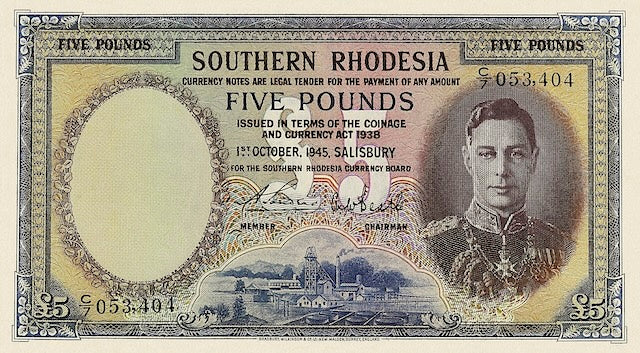 Southern Rhodesia 1939 5 Pounds replica banknote back design