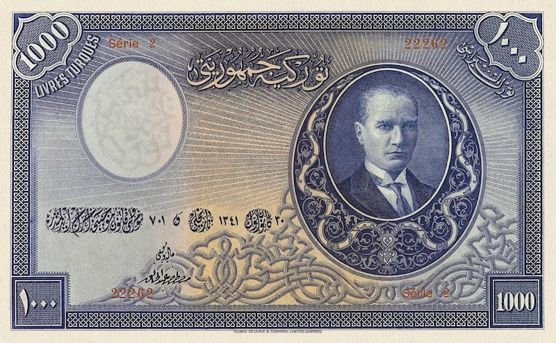 Turkey (Türkiye Cümhuriyet), 1 - 1000 Livres Turques, Ataturk 1926 Issue, P.119 - P.125, Complete Set REPLICA My Store