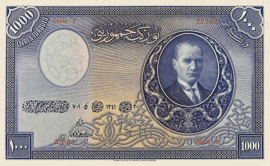 Turkey (Türkiye Cümhuriyet), 1 - 1000 Livres Turques, Ataturk 1926 Issue, P.119 - P.125, Complete Set REPLICA My Store