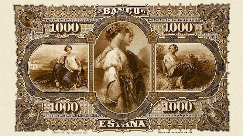 Spain, Banco de España, Lope de Vega Issues 100, 100 & 1000 Pesetas, 1876, P.11 - P.13, Complete Set REPLICA My Store