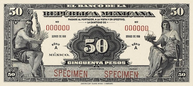 “Mexico 5 Pesos 1918 Banco de la Republica Mexicana replica banknote, P.11”
