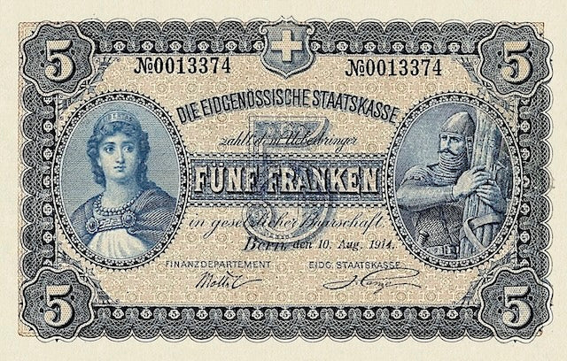 Front of 1914 Switzerland 20 Franken Banknote Replica