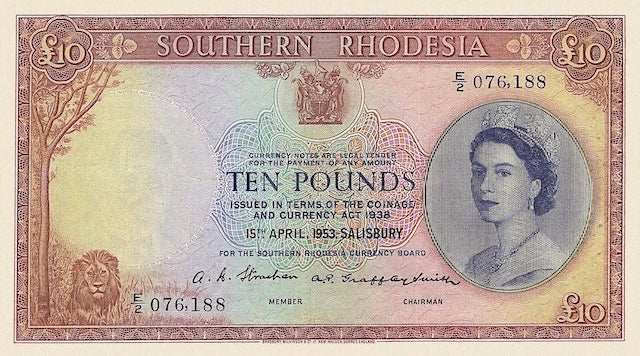 Southern Rhodesia 1952 10 Pounds replica banknote Queen Elizabeth II front