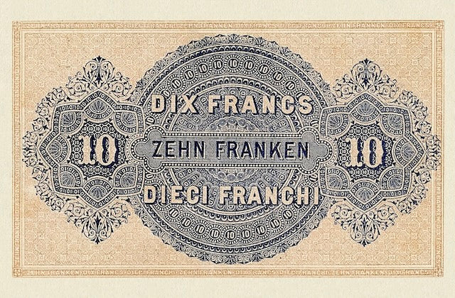 Back of 1914 Switzerland 10 Franken Banknote Replica