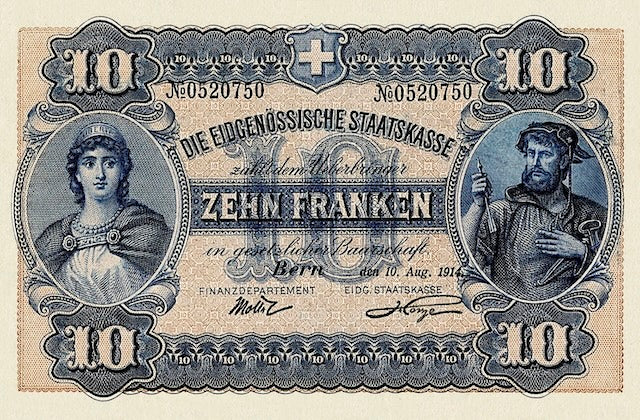 Front of 1914 Switzerland 10 Franken Banknote Replica