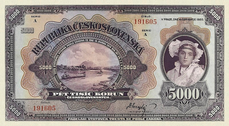 “Czechoslovakia 1920–1923 500 & 5000 Korun replica banknotes”