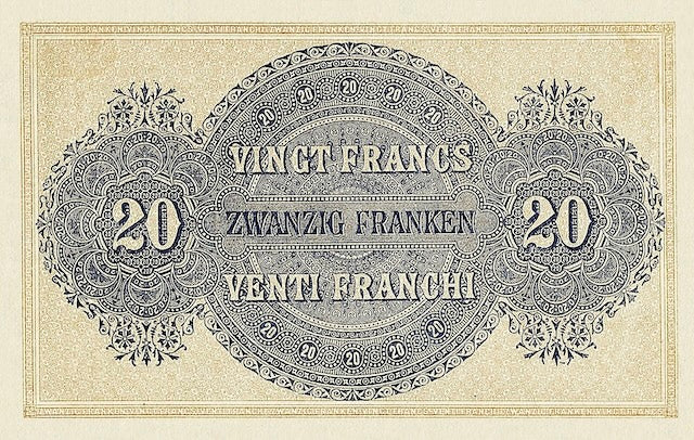 Back of 1914 Switzerland 5 Franken Banknote Replica