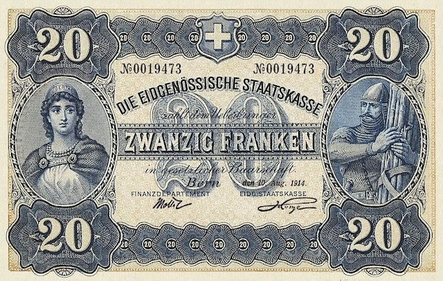 Front of 1914 Switzerland 5 Franken Banknote Replica