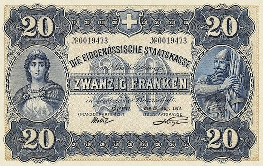 Front of 1914 Switzerland 5 Franken Banknote Replica