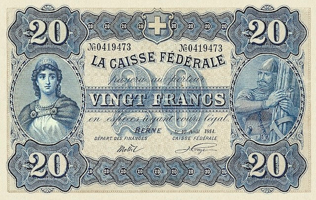 Switzerland, Federal Treasury (Caisse Fédérale), 5, 10, 20 Francs, 1914, P.15, P.18 & P.21 REPLICA My Store