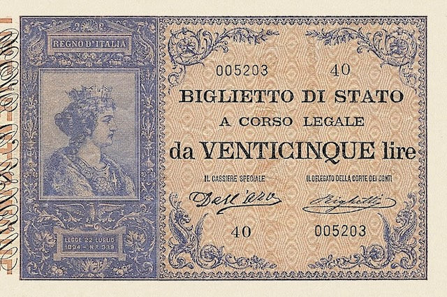Italy, Biglietto Di Stato, 5, 10 & 25 Lire, 1882 - 1923, P.18 - P.24, Complete Set REPLICA My Store