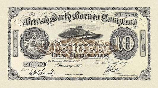 British North Borneo (Sabah), 10 Dollars, 1927, P.22 REPLICA My Store