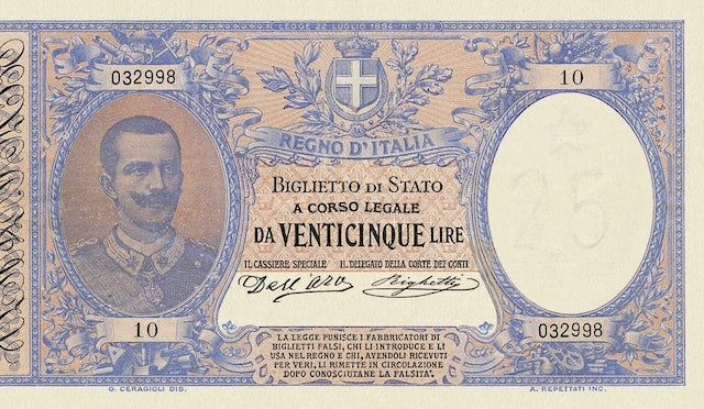 Italy, Biglietto Di Stato, 5, 10 & 25 Lire, 1882 - 1923, P.18 - P.24, Complete Set REPLICA My Store