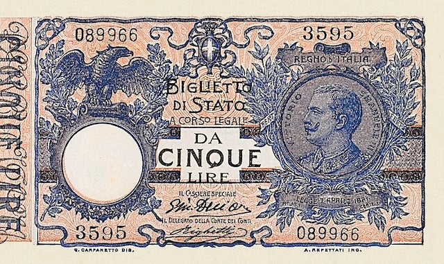 Italy, Biglietto Di Stato, 5, 10 & 25 Lire, 1882 - 1923, P.18 - P.24, Complete Set REPLICA My Store