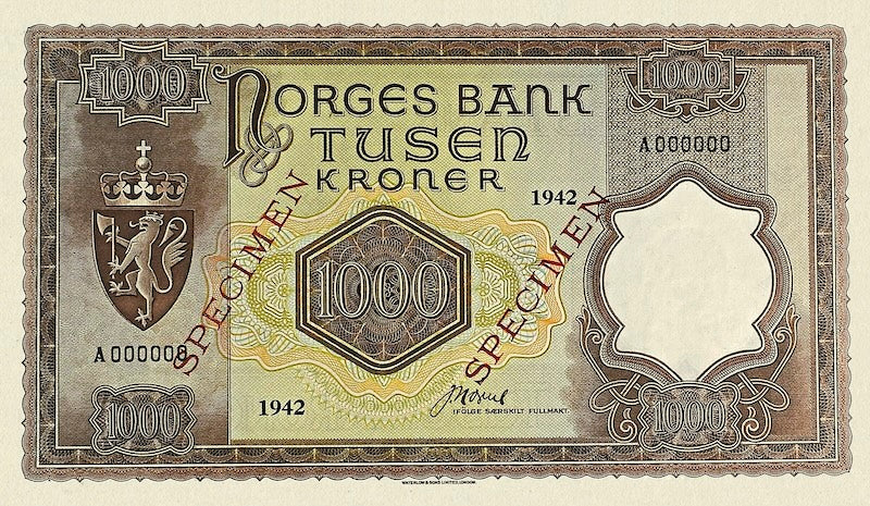 Norway 1942–1944 Krigsseddel replica banknote set 1–1000 Kroner