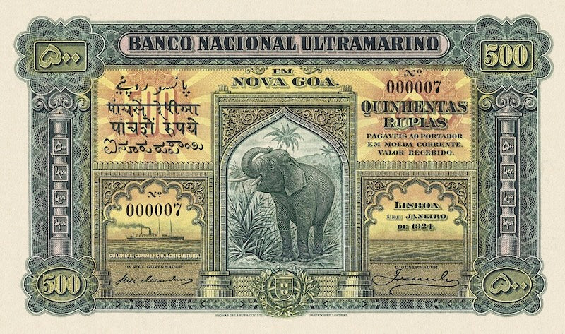 Portuguese India 1924 500 Rupias Banco Nacional Ultramarino replica note front