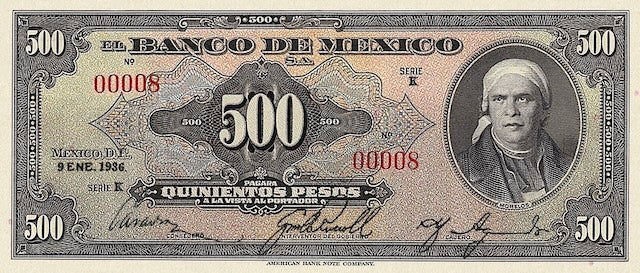 1936 Banco de México 1–1000 Pesos replica banknote set