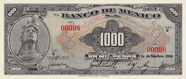 1936 Banco de México 1–1000 Pesos replica banknote set