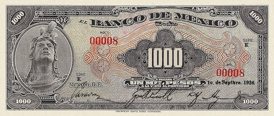 1936 Banco de México 1–1000 Pesos replica banknote set
