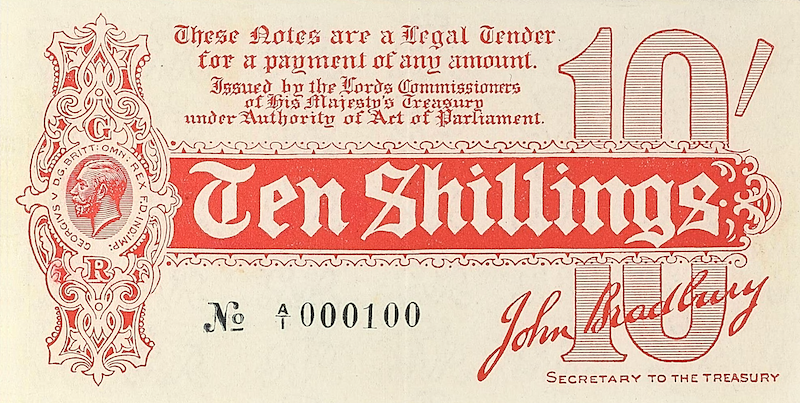 1914 King George V Treasury Note replica 10 Shilling and £1
