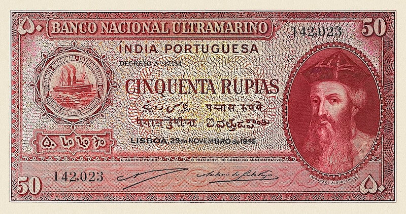 Portuguese India, Banco Nacional Ultramarino, 5 - 500 Rupias (Rupees)  1945, P.35 - P.40, Complete Set REPLICA My Store