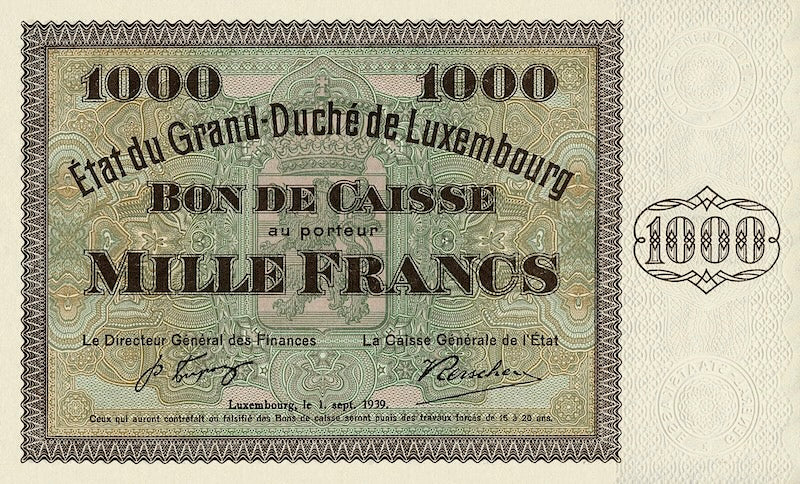 Luxembourg, Kassenschein 1000 Francs, 1939, P.40 REPLICA My Store