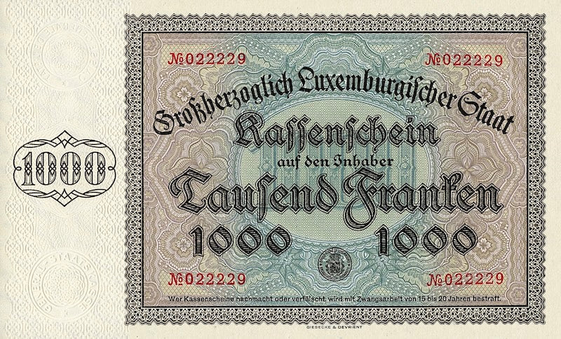 Luxembourg, Kassenschein 1000 Francs, 1939, P.40 REPLICA My Store