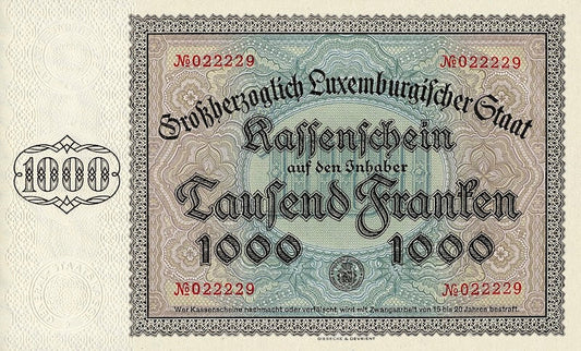 Luxembourg, Kassenschein 1000 Francs, 1939, P.40 REPLICA My Store