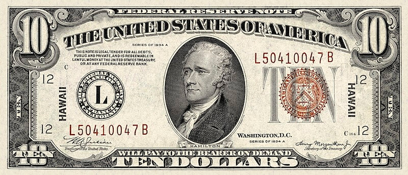 “Hawaii Overprint replica $10 note P.39 banknote”