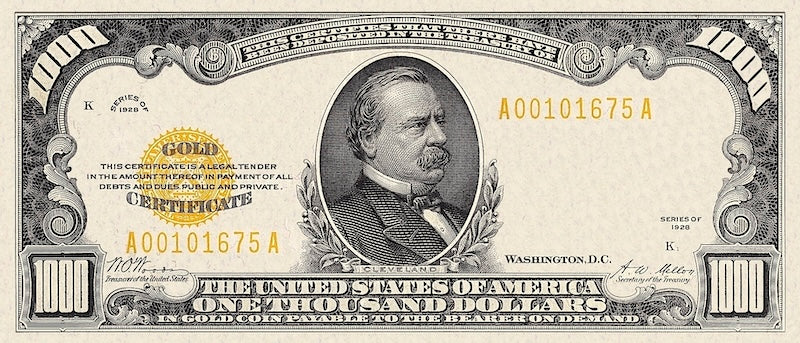 1928 U.S. Gold Dollar replica banknote set 10–10000 dollars