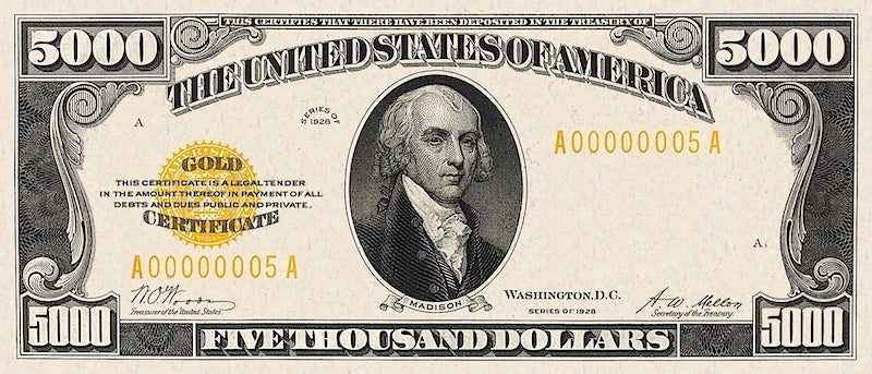 1928 U.S. Gold Dollar replica banknote set 10–10000 dollars