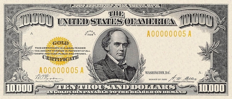 1928 U.S. Gold Dollar replica banknote set 10–10000 dollars