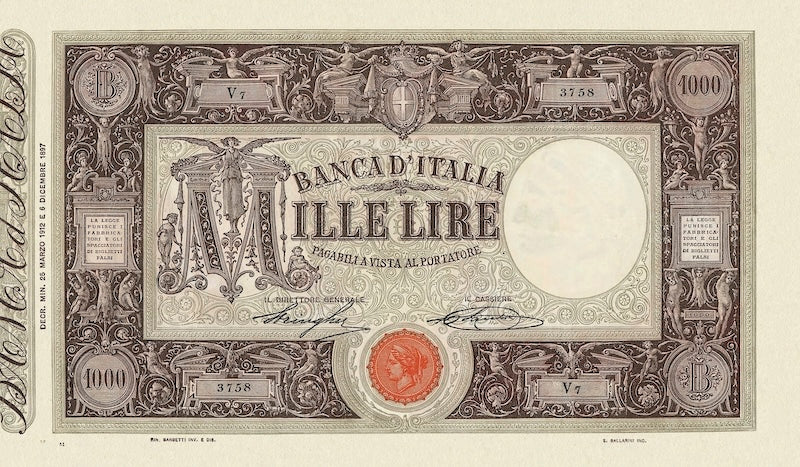 Italy, Banca D'Italia, Decreto Issue, 50 - 1000 Lire, 1896 - 1926, P.38 - P.41, Complete Set REPLICA My Store