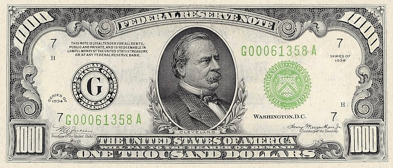 “Federal Reserve Notes 1934, $100 replica banknote”