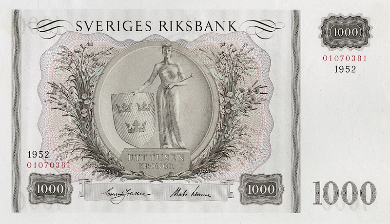 “Sweden 1000 Kronor banknote replica 1952–1973”