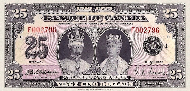 “Canada 1935 King George V 25 Dollar banknote replica”