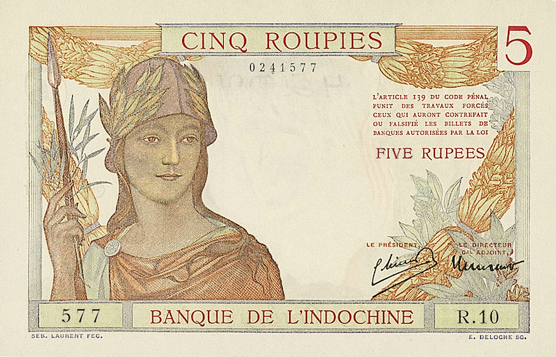 India, French Colony Banque de l'Indochine, 1, 5 & 50 Rupees (Roupies), 1919, P.4 - P.7, Complete Set REPLICA My Store