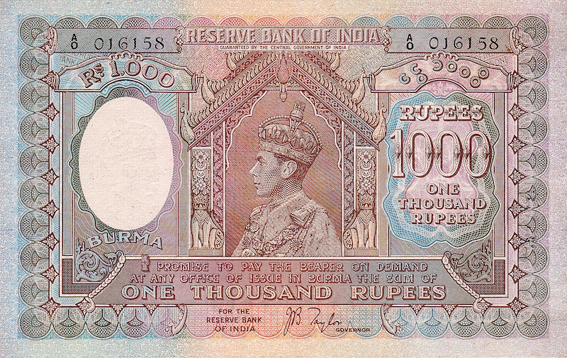 Burma, Reserve Bank of India, 5, 10, 100 & 1000 Rupees, George VI 1939, P.4 - P.7, Complete Set REPLICA My Store