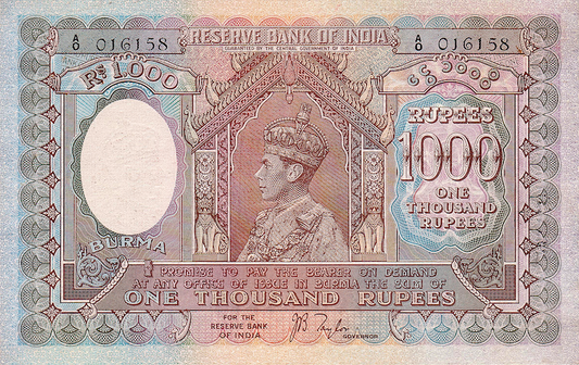Burma, Reserve Bank of India, 5, 10, 100 & 1000 Rupees, George VI 1939, P.4 - P.7, Complete Set REPLICA My Store