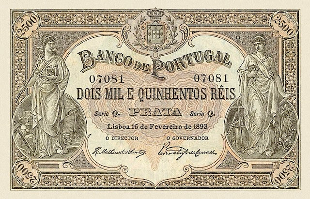 Portugal 1893 2500 Reis Banco de Portugal replica banknote front