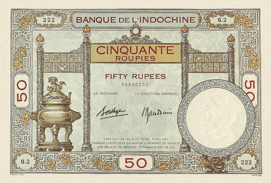 India, French Colony Banque de l'Indochine, 1, 5 & 50 Rupees (Roupies), 1919, P.4 - P.7, Complete Set REPLICA My Store