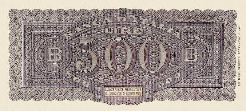 “Italy Italia Turrita Issue 500 Lire replica P.76 banknote”