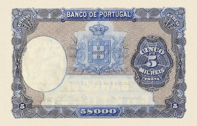 Portugal vintage Banco de Portugal 20 Mil Reis replica note back