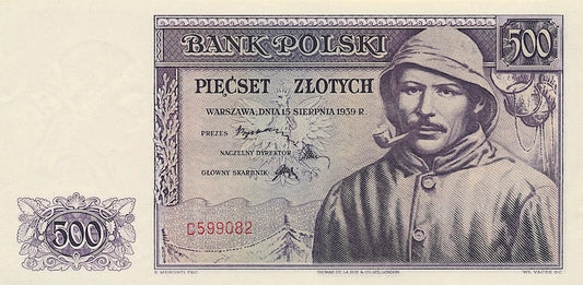 Poland 1939 500 Zlotych Bank Polski replica note front side