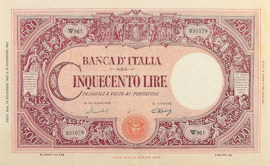 “Italy 1950 Medusa Seal 500 Lire banknote replica”