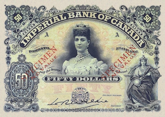 “Dominion of Canada 1907 Imperial Bank 50 Dollar replica banknote, P.S1133”
